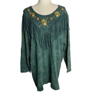 Vintage 90s Embellished Western T Shirt L Green Acid Wash Fringe Long Sleeves